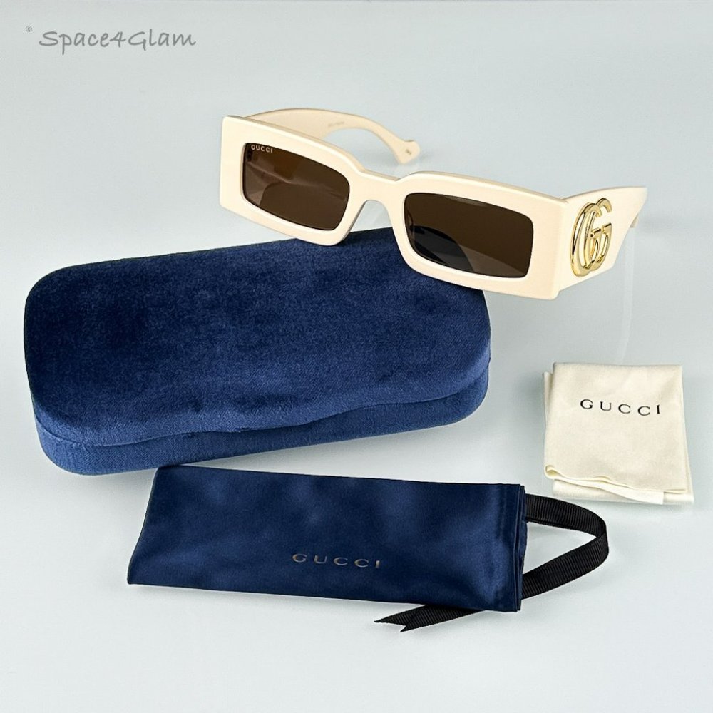 Gucci Women AUTHENTIC Sunglasses Ivory Brown Rectangle GG1425S 004 BRAND NEW